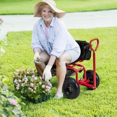 Rolling Garden Cart Scooter with Tray Storage Basket Tool Pouch Seat Cushion-Red
