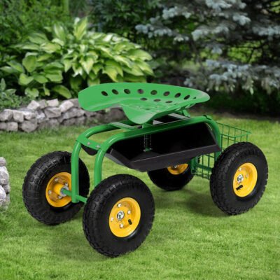 Rolling Garden Cart With Tool Tray Work Seat For Gardening-Green