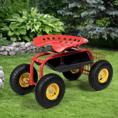 Rolling Garden Cart With Tool Tray Work Seat For Gardening-Red