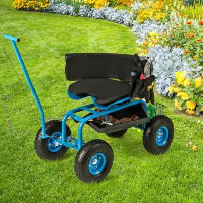 Rolling Garden Cart with Seat and Tool Storage for Outdoor Garden-Blue