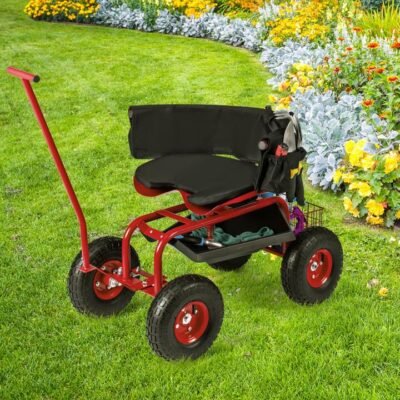 Rolling Garden Cart with Seat and Tool Storage for Outdoor Garden-Red