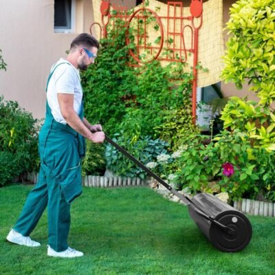 63L Metal Lawn Roller with Detachable Gripping Handle for Garden-Black