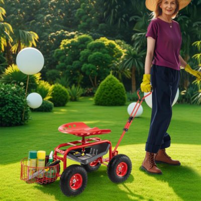 Steerable Garden Cart with Extendable Handle Storage Basket Adjustable Seat-Red