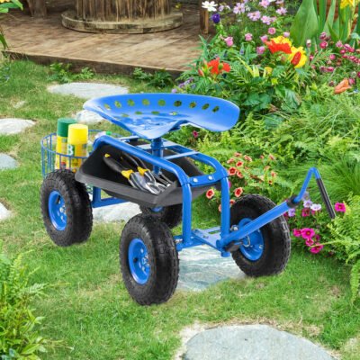 Steerable Garden Cart Rolling Scooter with Extendable Handle and Storage Basket-Blue