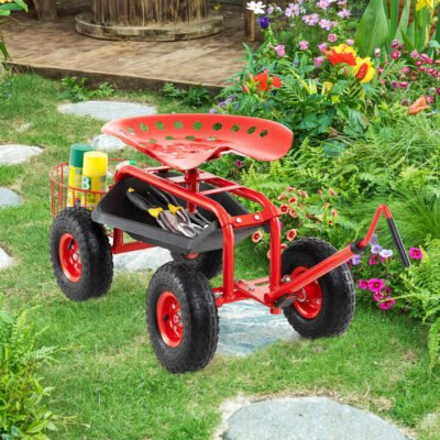 Steerable Garden Cart Rolling Scooter with Extendable Handle and Storage Basket-Red