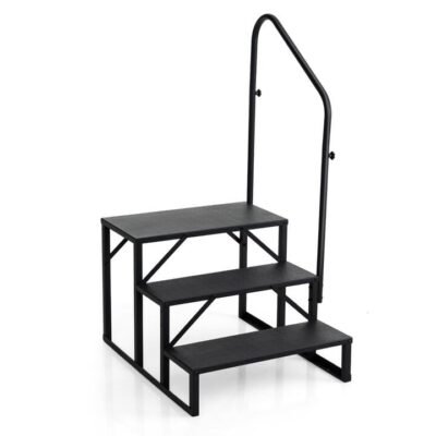 RV Step with Handrail and Wide Anti-Slip Platforms for Porch-Black