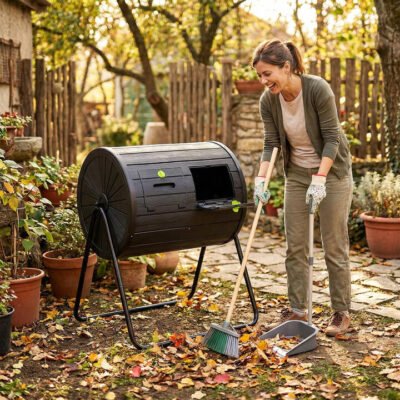 142L Large Outdoor Compost Tumbler with Dual Chambers and 2 Lockable Doors-Black