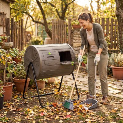 142L Large Outdoor Compost Tumbler with Dual Chambers and 2 Lockable Doors-Coffee